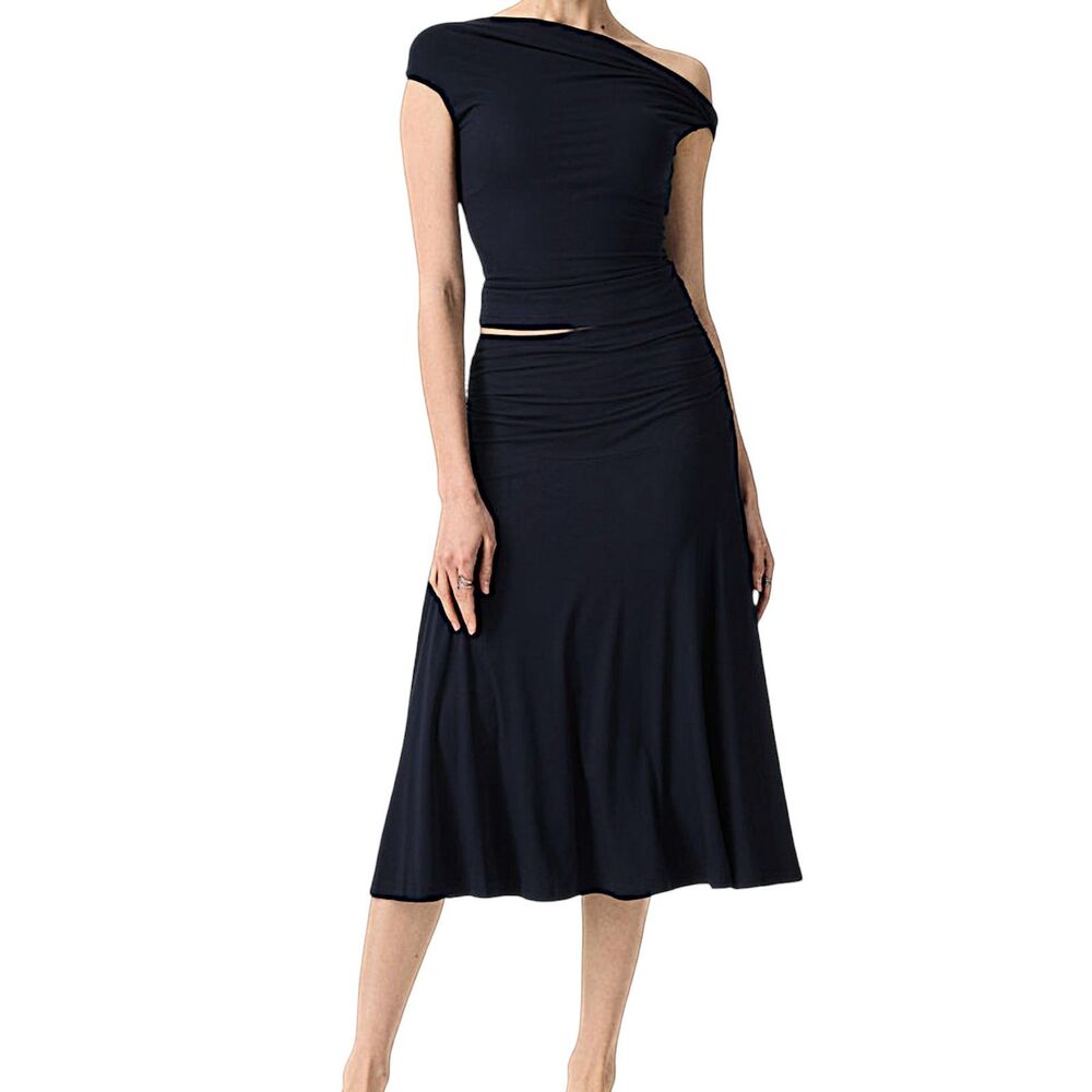 OGL Set Eco SkinKiss Multi-wear Bra Top & Side Ruched A-line Midi Skirt Black M